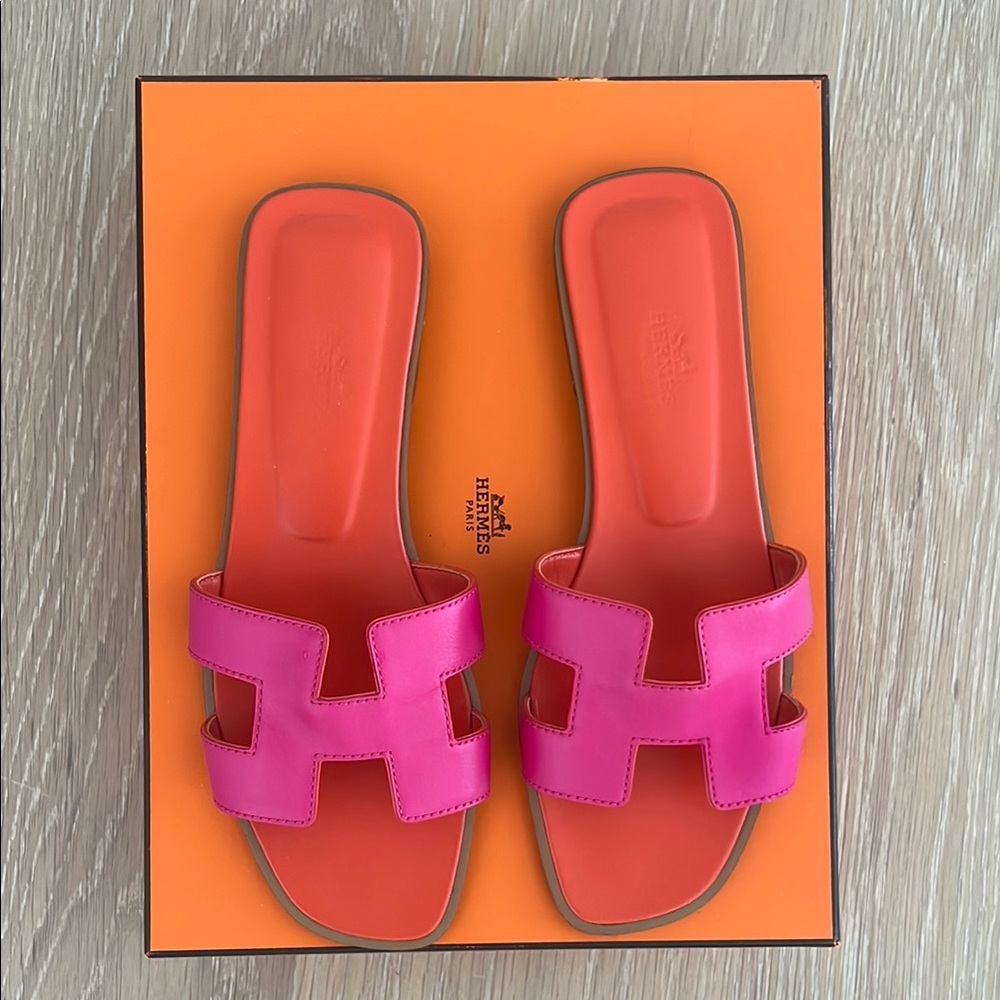 Hermes Oran Sandal - two tone pink and orange